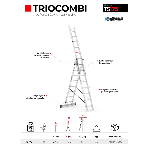 Çağsan 3X8 Basamaklı Triocombi - Üç Parçalı Çok Amaçlı Merdiven Ts175 - Görsel 6