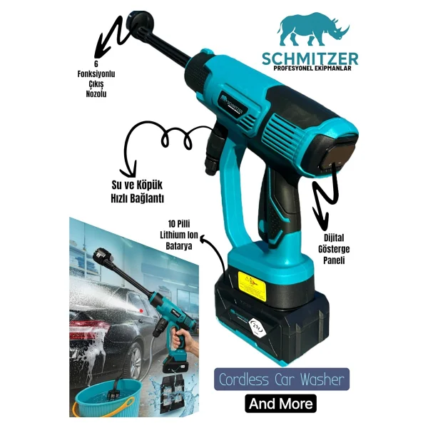 Schmıtzer 21V Brushless Motor Yüksek Basınçlı Şarjlı Oto Araba Yıkama Makinesi 3 Kademe Dijital Göstergeli - Görsel 2