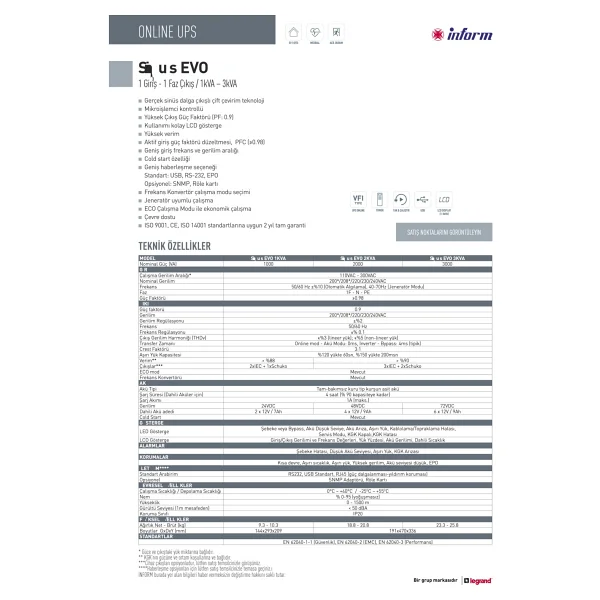 İnform Inform Evo Sinüs 3000VA (3kVA) Online UPS Kesintisiz Güç Kaynağı - Tam Sinüs, 6 x 12V 7Ah Akülü - Görsel 3