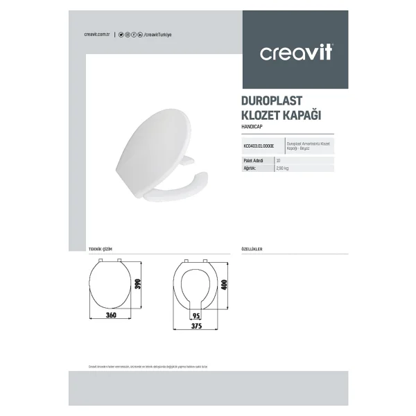 Creavit BD320 Bedensel Engelli Asma Klozet + Yavaş Kapanan Kapak - Görsel 5