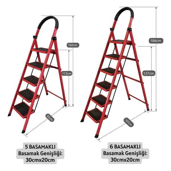 Asil 5 Basamaklı Katlanır Merdiven Kaymaz Geniş Basamaklı Ev & Mutfak Tipi 150 Kg Kapasiteli Emniyetli Kırmızı - Görsel 8