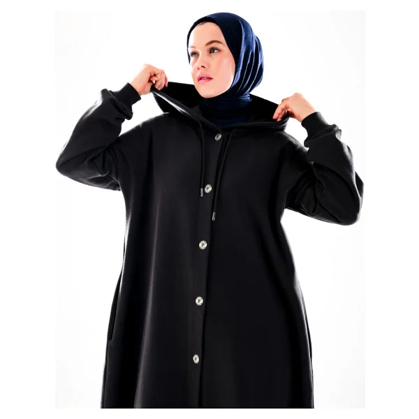 2274_KADIN Antrasit Gri Kapüşonlu Çıtçıtlı 3 Iplik Uzun Kap - Oversize Cepli Mevsimlik Tesettür Dış Giyim - XS - Görsel 9