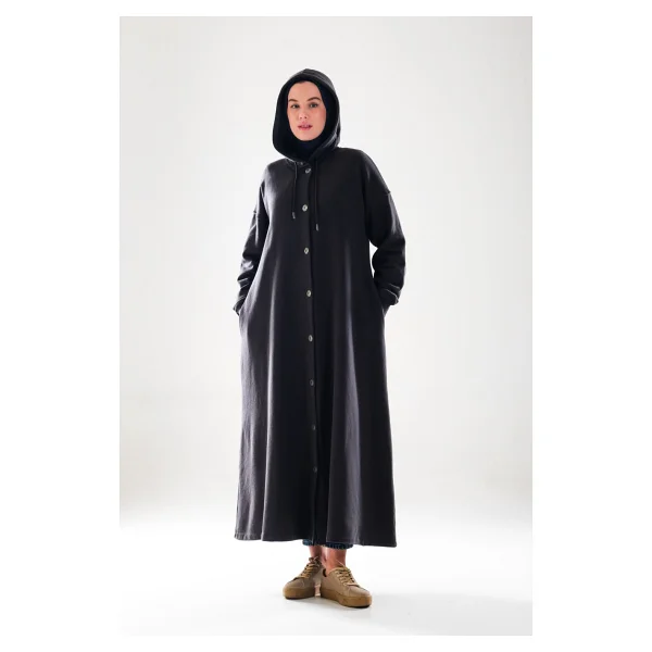 2274_KADIN Antrasit Gri Kapüşonlu Çıtçıtlı 3 Iplik Uzun Kap - Oversize Cepli Mevsimlik Tesettür Dış Giyim - XS - Görsel 2