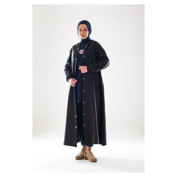 2274_KADIN Antrasit Gri Kapüşonlu Çıtçıtlı 3 Iplik Uzun Kap - Oversize Cepli Mevsimlik Tesettür Dış Giyim - XS - Görsel 3