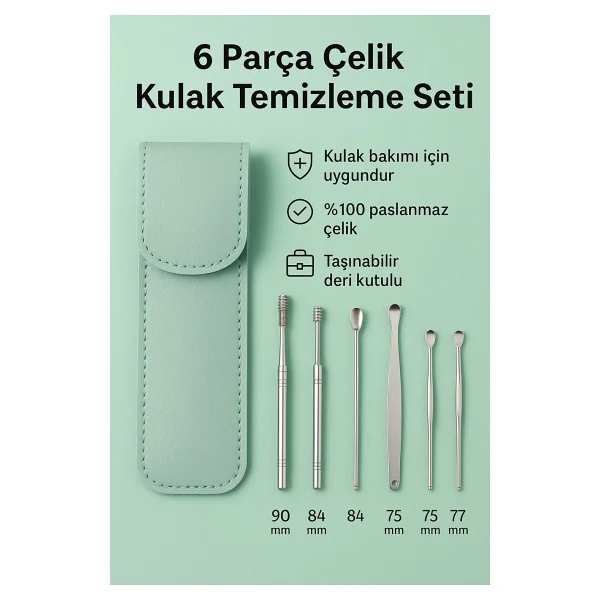 Chavin Yeşil Deri Çantalı 6 Parça Çelik Kulak Temizleme Seti cin433ys - Görsel 4