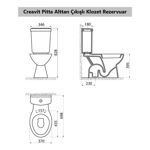 Creavit Pitta Alttan Çıkışlı Klozet + Rezervuar + İç Takım + Çınar Tp Yavaş Kapanan Kapak 4 'Lü Set - Görsel 4