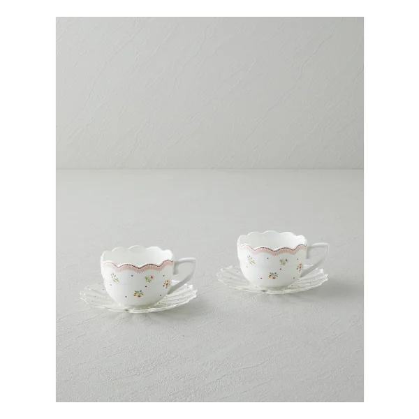 English Home Daisy Days New Bone China 4 Parça 2 Kişilik Cam Tabaklı Kahve Fincan Takımı 80 ml Pembe - Yeşil - Görsel 2