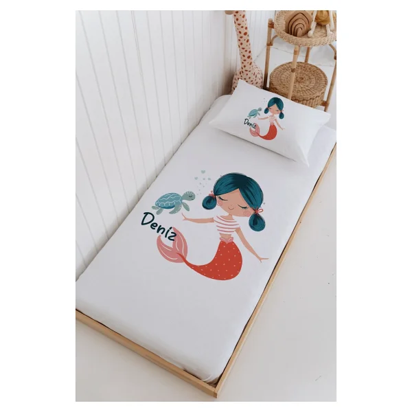 Lilabio İsme Özel %100 Pamuk Bebek Ve Çocuk Tek Kişilik 165 X 225 Cm Pike Takımı-Deniz Kızı - Görsel 4