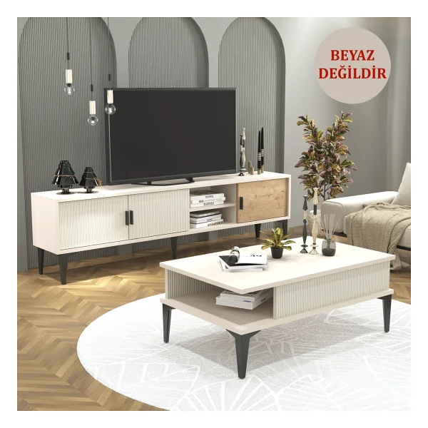 Cool Home Marin Tv Ünitesi 180 cm - Orta Sehpa Seti Çizgi desenli , Raflı , Sis Gri - Görsel 7