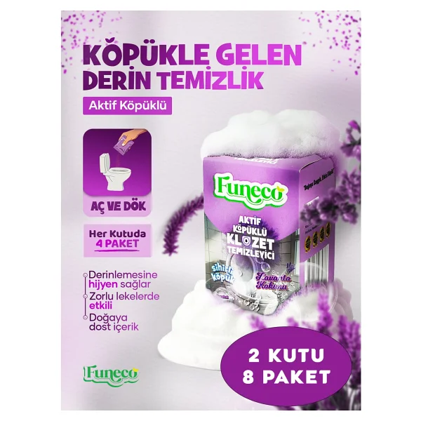 FUNECO Lavanta Ferahlığı - Avantajlı Paket - 2 Kutu - 8 Paket - Tuvalet Klozet Temizleyici, Aktif Köpüklü - Görsel 2