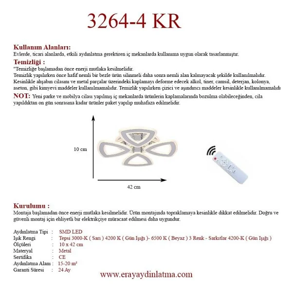 Eray Aydınlatma 3264-4 KR Krom 3 Renk Kumandalı LED Avize - Görsel 4