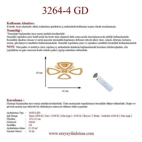 Eray Aydınlatma 3264-4 3 Renk Kumandalı LED Avize - Görsel 4