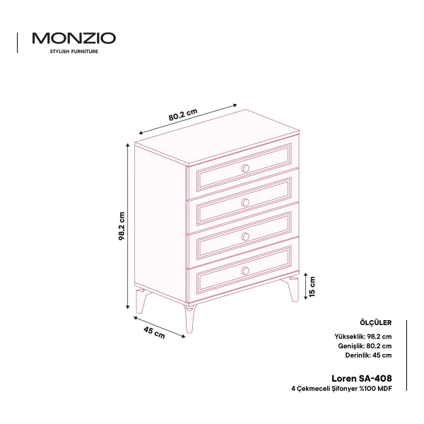 Monzio Loren 4 Çekmeceli Şifonyer Tamamı Mdf (Aytaşı) - Görsel 3