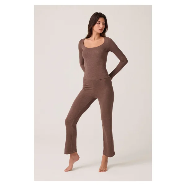 Los Ojos x Ece Kahverengi Modal Kumaşlı Uzun Kollu Eşofmanlı Pijama Takımı Ribbed Pj2 - Görsel 6