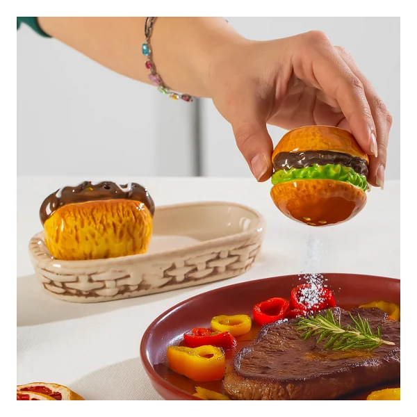 Porsima Mio-038 Hamburger Motifli 2li Standlı Tuzluk Biberlik Seti - Görsel 4