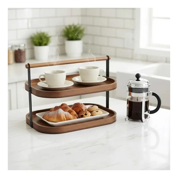 2 Katlı Akasya Stand / Sunumluk / Çok Amaçlı Organizer - Doğal Ahşap Iki Katlı Servis - 1 lt - Görsel 3