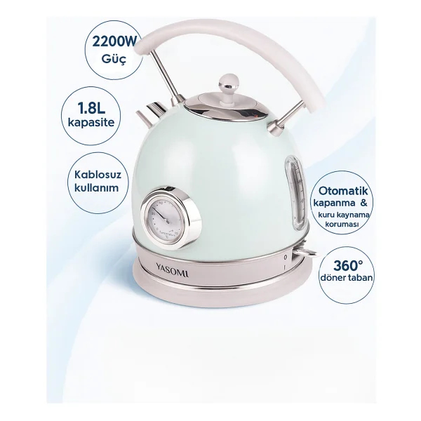 Yasomi YK-823NTSL Retro 1.8 lt Mavi 2200 W Kettle - Görsel 7