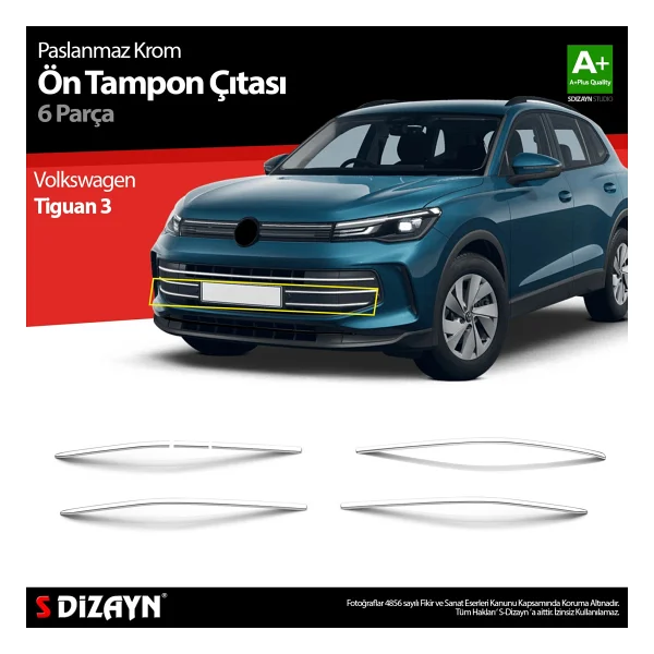 S-Dizayn Vw Tiguan 3 Krom Ön Tampon Çıtası 6 Prç. 2024 Üzeri A+ Kalite - Görsel 9