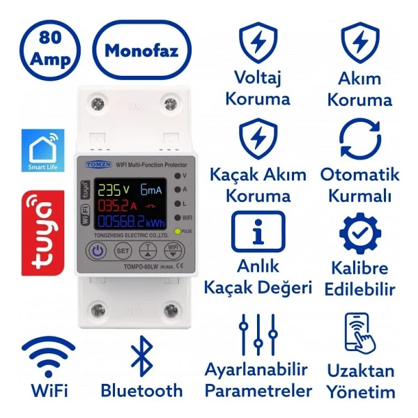 Tomzn 80A Wifi Akıllı Kaçak Akım Rölesi Tomzn 80A Wifi Voltaj Akım Koruyucu Röle TOMPD-80LW - Görsel 3