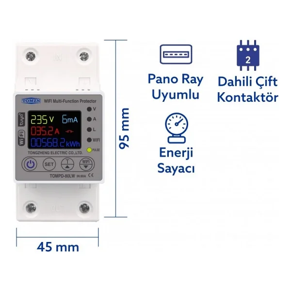 Tomzn 80A Wifi Akıllı Kaçak Akım Rölesi Tomzn 80A Wifi Voltaj Akım Koruyucu Röle TOMPD-80LW - Görsel 2