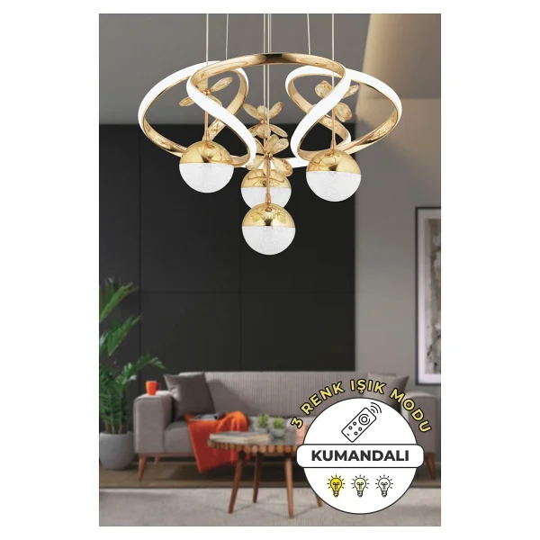 Akgül Octavia Kumandalı 3 Renk Işık Özellikli Modern Gold Kaplama Sarkıt LED Avize Salon Avize - Görsel 7