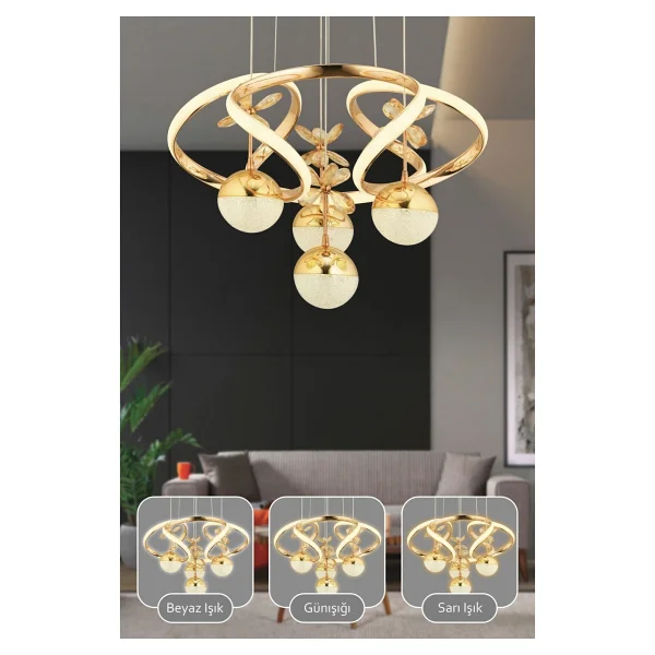 Akgül Octavia Kumandalı 3 Renk Işık Özellikli Modern Gold Kaplama Sarkıt LED Avize Salon Avize - Görsel 2
