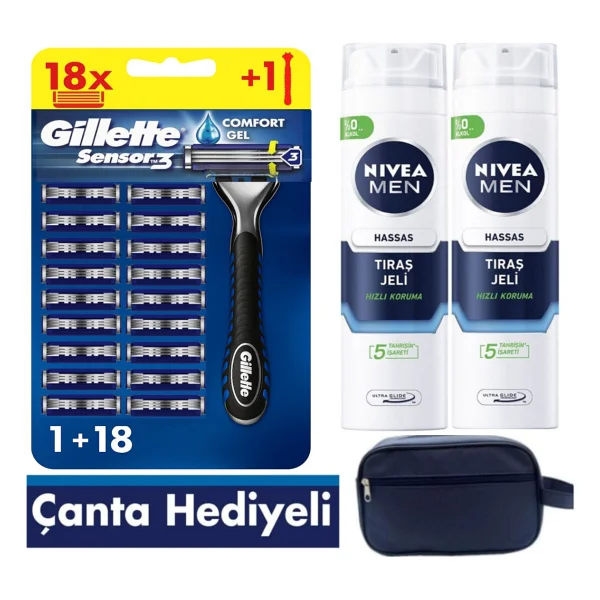 Gillette Sensor3 Tıraş Makinesi + 18 Yedek Tıraş Bıçağı+ 400 Ml Jel +Çanta - Görsel 2
