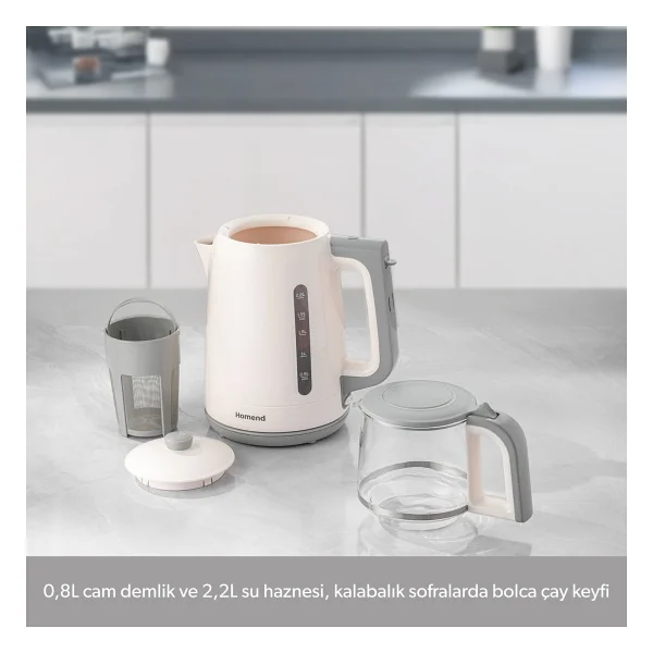 Homend Royaltea 1756H Plastik Çay Makinesi Beyaz 0,9 L Cam Demlik ve 2,2 L Su Isıtıcı Kapasitesi - Görsel 4