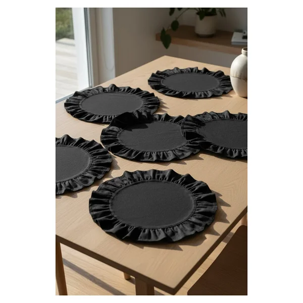 YUNUSOĞLU HOME Pamuklu Fırfırlı Supla 6'lı Set Amerikan Servis 33 cm Çap Supla 6'lı - Siyah - Görsel 2
