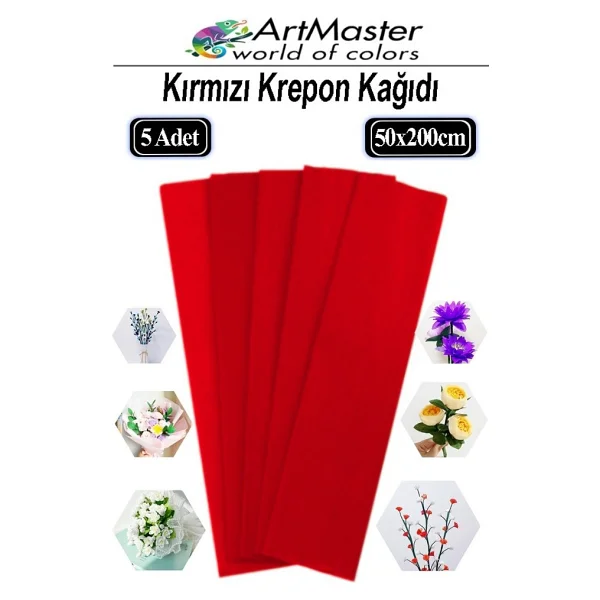 ArtMaster Krapon Kağıdı Kırmızı Renk 5 Adet 50X200 cm Grapon Kağıdı 5'li Okul Proje Sınıf Anaokulu Kreş Süsleme - 50x200cm - Standart - Görsel 6