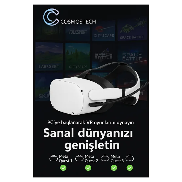 Cosmostech Link Cable Kablosu 5 Metre - Pcvr Uyumlu Type-C To Type-C Kablo Meta Quest 3 / 3s / Quest 2 / Pro / Pico 4 / Steamvr Yüksek Hızlı Pc Veri Aktarım Kablosu - Görsel 2