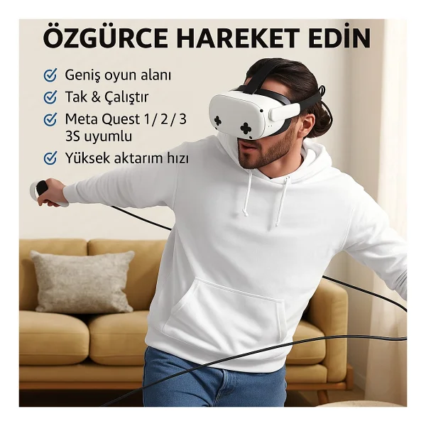 Cosmostech Link Cable Kablosu 5 Metre - Pcvr Uyumlu Type-C To Type-C Kablo Meta Quest 3 / 3s / Quest 2 / Pro / Pico 4 / Steamvr Yüksek Hızlı Pc Veri Aktarım Kablosu - Görsel 3