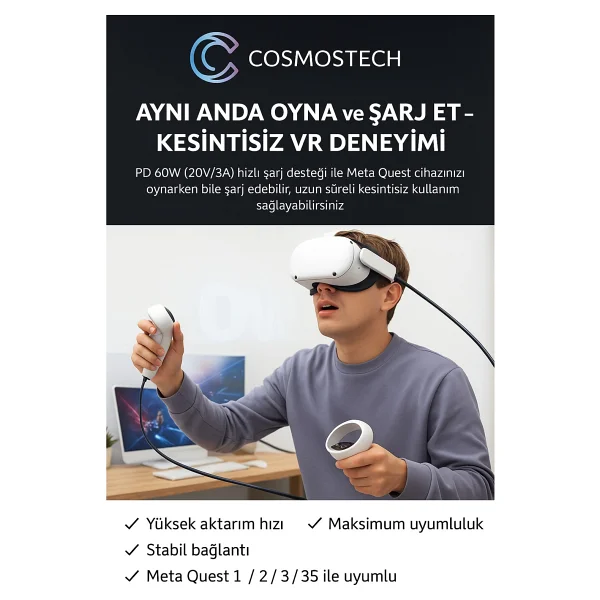 Cosmostech Link Cable Kablosu 5 Metre - Pcvr Uyumlu Type-C To Type-C Kablo Meta Quest 3 / 3s / Quest 2 / Pro / Pico 4 / Steamvr Yüksek Hızlı Pc Veri Aktarım Kablosu - Görsel 4
