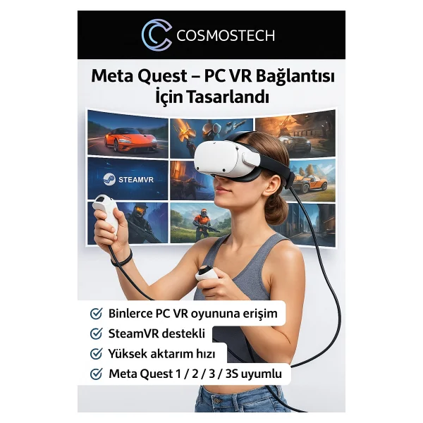 Cosmostech Link Cable Kablosu 5 Metre - Pcvr Uyumlu Type-C To Type-C Kablo Meta Quest 3 / 3s / Quest 2 / Pro / Pico 4 / Steamvr Yüksek Hızlı Pc Veri Aktarım Kablosu - Görsel 7