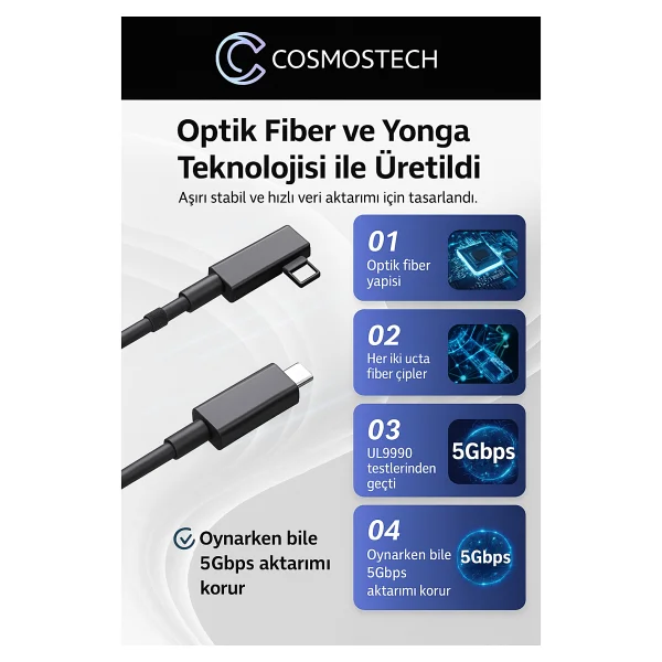 Cosmostech Link Cable Kablosu 5 Metre - Pcvr Uyumlu Type-C To Type-C Kablo Meta Quest 3 / 3s / Quest 2 / Pro / Pico 4 / Steamvr Yüksek Hızlı Pc Veri Aktarım Kablosu - Görsel 8