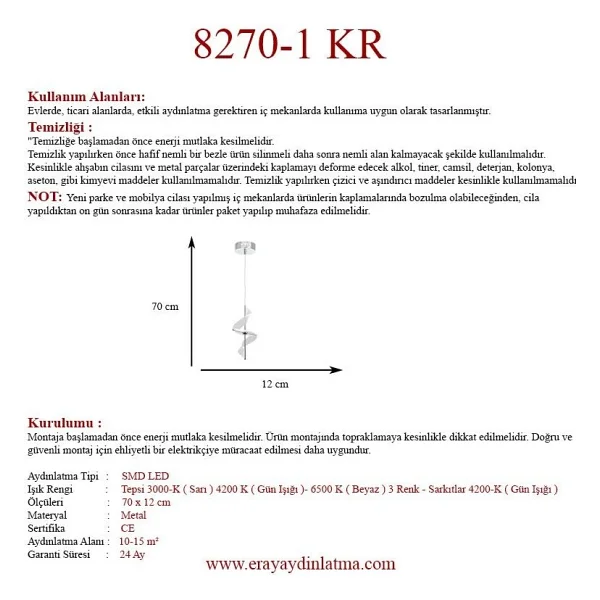 Eray Aydınlatma 8270-1 KR Krom 3 Renk LED Avize - Görsel 3