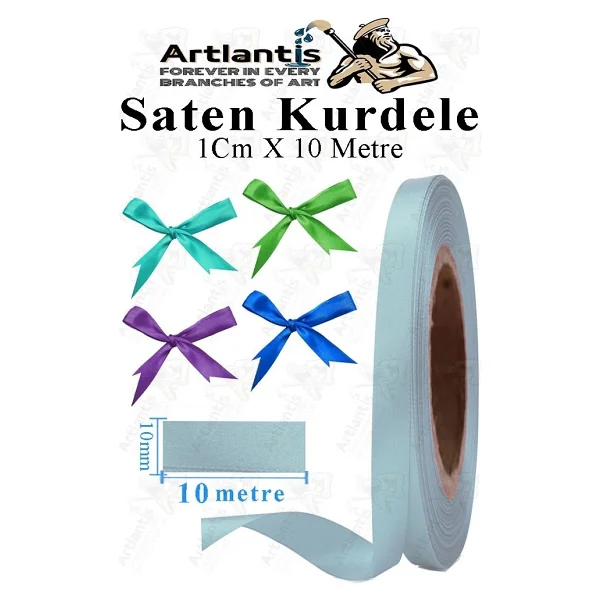 Artlantis Kurdele Saten 1 cm 10 Metre 1 Adet Saten Kurdela Parlak Hediye ve Süsleme Şeridi Süs Paketleme Çiçek Saç El Sanatı - Açık Mavi - Görsel 5