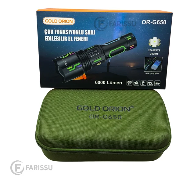 212 Farissu OR-G650 Ultra Güçlü Şarjlı El Feneri 2 Km Menzil, Powerbank Özellikli, Zoomlu ve Özel Çantalı (200 Watt) - 1 adet - Siyah - Görsel 7