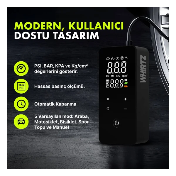 Whirtz Taşınabilir Şarjlı Araç Kompresörü - Görsel 5