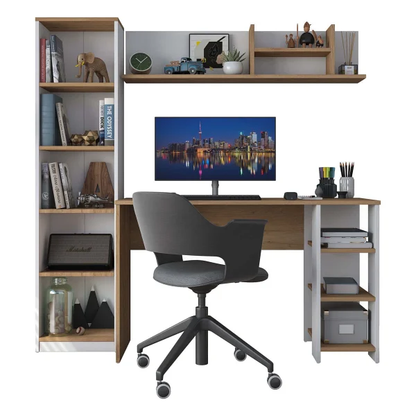 Rani Ha125 Kitaplıklı Raflı Çalışma Ofis Bilgisayar Masası Sepet Ceviz - Beyaz - 45 x 1 20 cm - Beyaz - Ceviz - Görsel 3