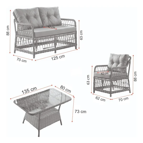Evdemo Breda 2+1+1 Cam Masalı Gri Rattan Bahçe Balkon Takımı - Görsel 5