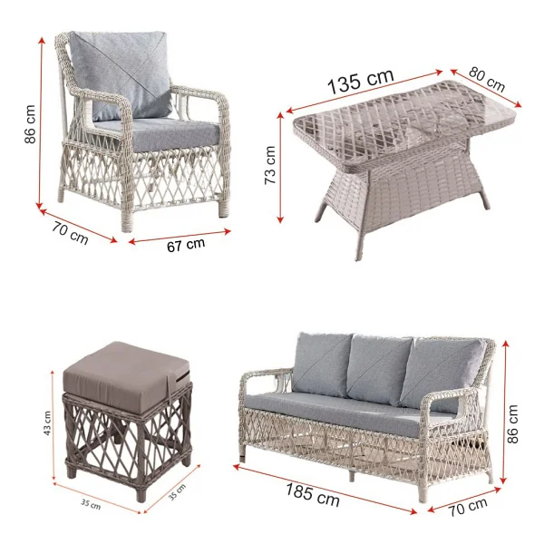 Edra Rattan Puflu Bahçe Balkon Takımı 3+1+1+Camı Masa Kemik Rengi - Görsel 8
