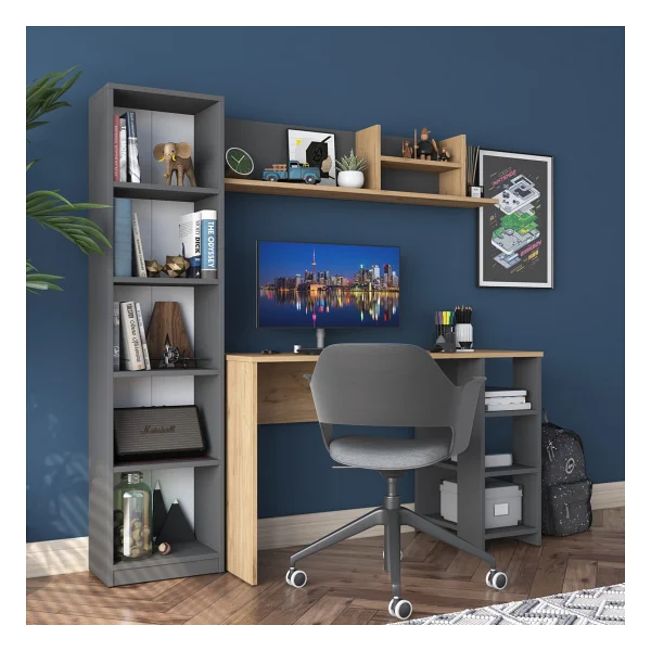 Rani HA125 Kitaplıklı Raflı Çalışma Ofis Bilgisayar Masası Antrasit - Sepet Ceviz - 120 x 45 cm - Antrasit - Ceviz - Görsel 6