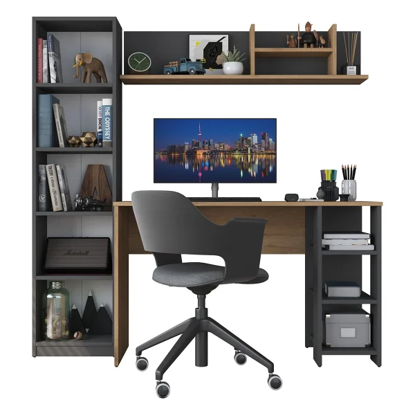 Rani HA125 Kitaplıklı Raflı Çalışma Ofis Bilgisayar Masası Antrasit - Sepet Ceviz - 120 x 45 cm - Antrasit - Ceviz - Görsel 4