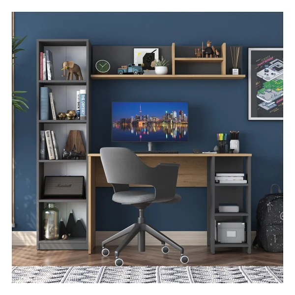 Rani HA125 Kitaplıklı Raflı Çalışma Ofis Bilgisayar Masası Antrasit - Sepet Ceviz - 120 x 45 cm - Antrasit - Ceviz - Görsel 3