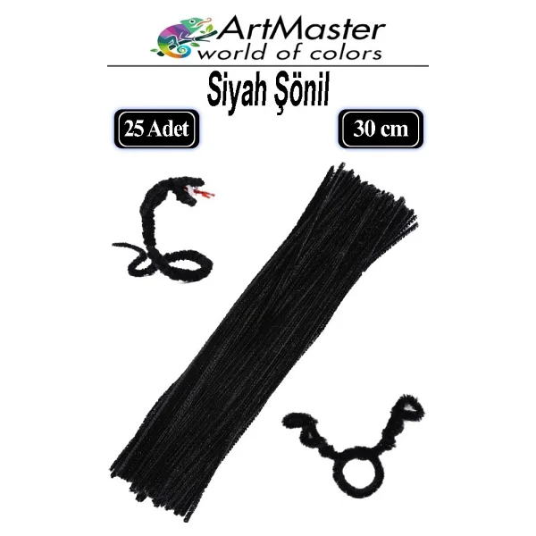 ArtMaster Şönil Siyah 30 cm 25 Li 1 Paket Renkli Tüylü Tel Şönil Pipo Temizleyici Okul Öncesi Anasınıfı Kreş Hobi Eğitici - Standart - Görsel 6