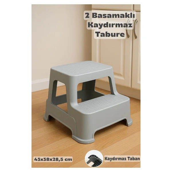 Funny Life 2 Basamaklı Luks Merdiven Tabure - Kaydırmaz Tabanlı Çok Amaçlı Basamaklı Tabure - Gri - Görsel 10