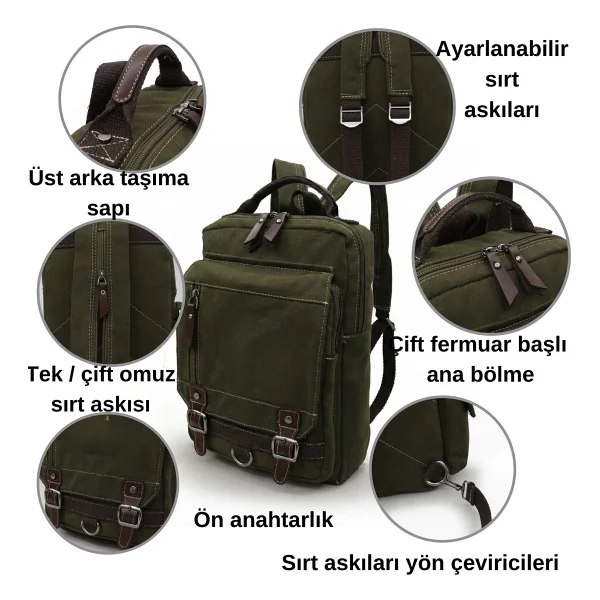 Cappadocia Vintage 4012 Çok Fonksiyonlu Sırt Çantası, 14 inç Laptop, Günlük, Postacı Çantası Yumuşak Dokulu Pamuk Gabardin (Kahverengi Kırmızı Sarı) - Görsel 4