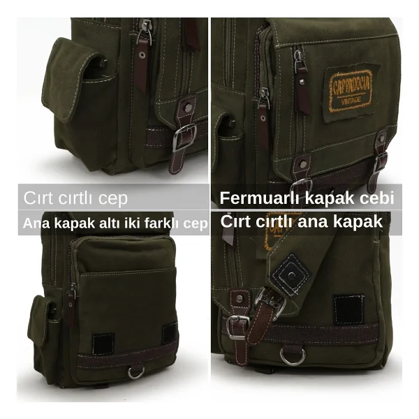 Cappadocia Vintage 4012 Çok Fonksiyonlu Sırt Çantası, 14 inç Laptop, Günlük, Postacı Çantası Yumuşak Dokulu Pamuk Gabardin (Kahverengi Kırmızı Sarı) - Görsel 5