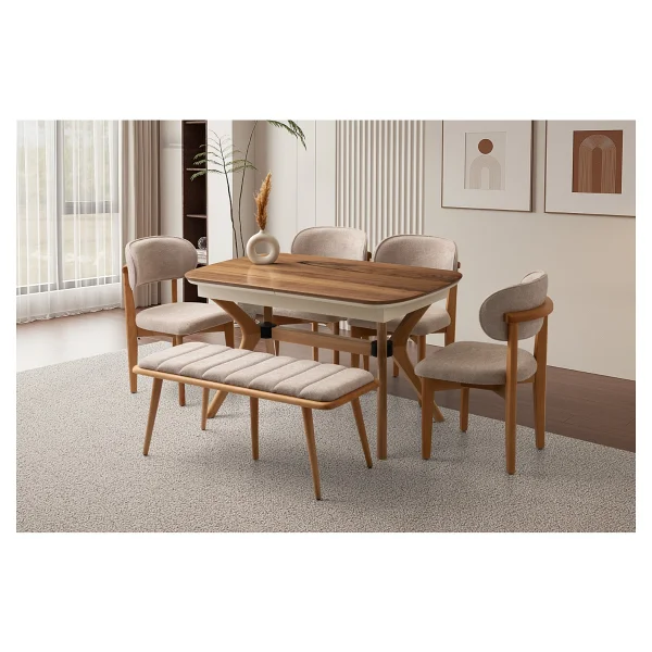 Viento Mobilya Çınar Açılır Ahşap Ayak 130X80 Masa 6 Kişilik Bukle Kumaş Ahşap Nergis Sandalye Bench Masa Takımı - Ahşap Desenli - 130 X 80 - Görsel 7
